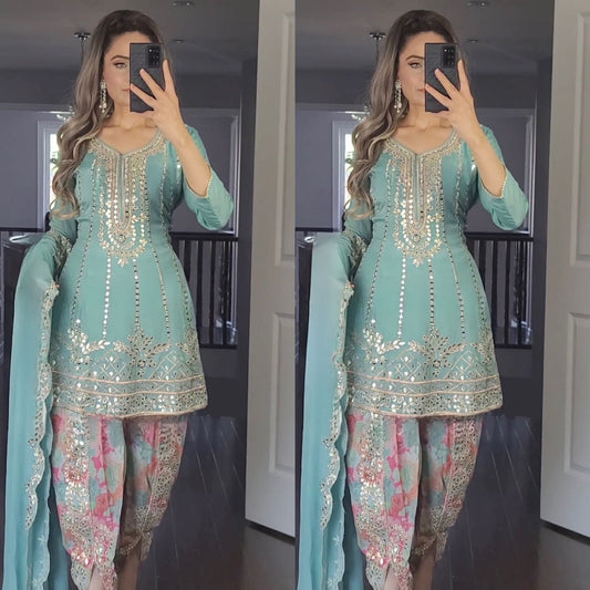 Pari Party Wear Look Top ,Dhoti Salwar And Dupatta Set