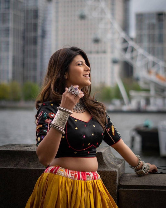 Yellow color Fancy Digital Print Work With Real Mirror Work Lehenga choli