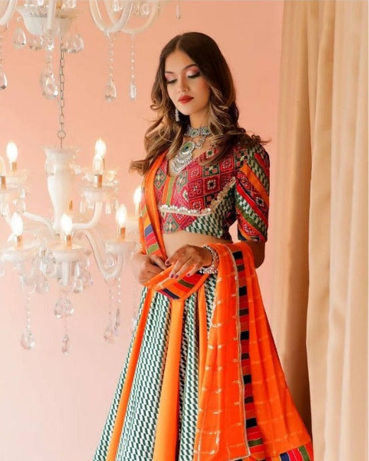 Orange color with Fancy Digital Print Work & Real Mirror Work lehnga choli