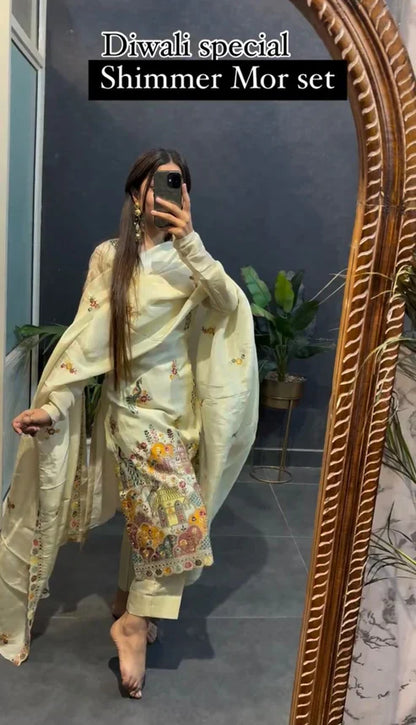 Sanya White Embroidered Designner Shimmer Mor Suit Set