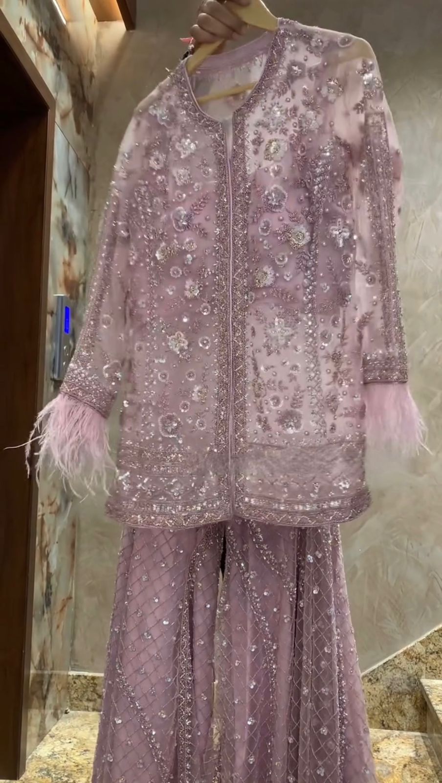 Diamond Designer Feather-Sleeve Embellished Outfit