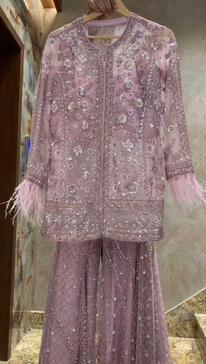 Diamond Designer Feather-Sleeve Embellished Outfit