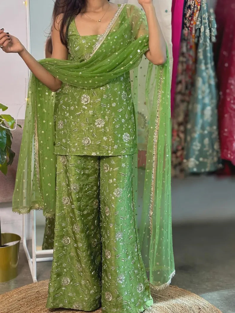 Elegant Mehendi Green Sharara Set