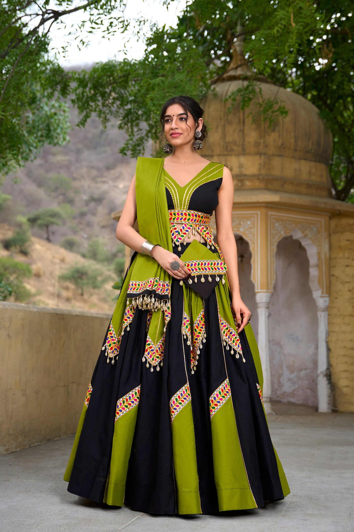 Festive Boldness Ethnic Lehenga Set in Olive Green & Onyx Black