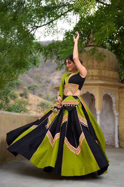Festive Boldness Ethnic Lehenga Set in Olive Green & Onyx Black