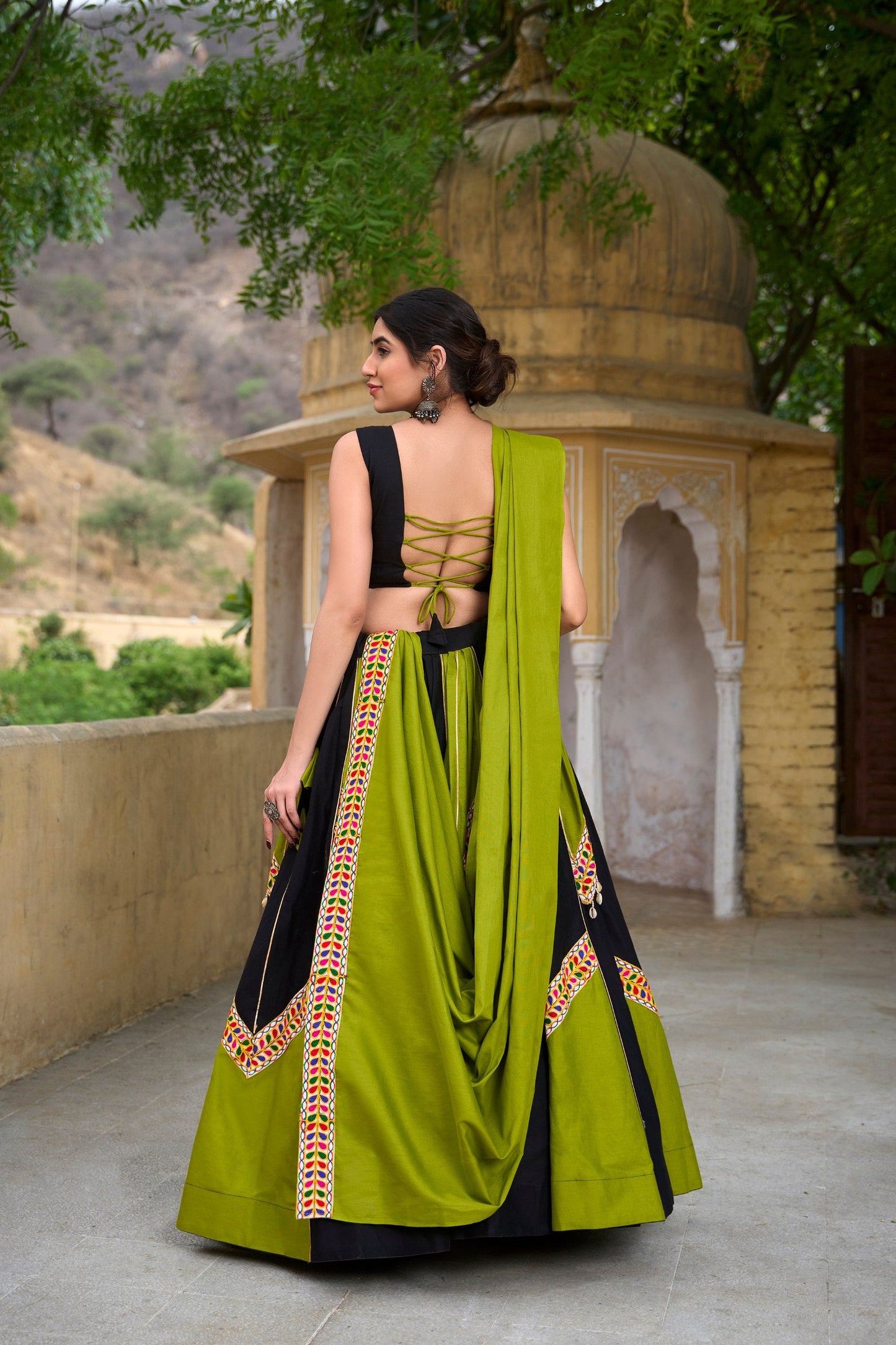 Festive Boldness Ethnic Lehenga Set in Olive Green & Onyx Black