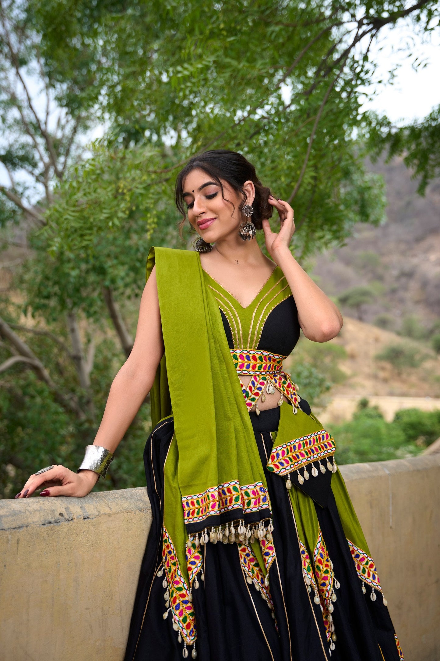 Festive Boldness Ethnic Lehenga Set in Olive Green & Onyx Black