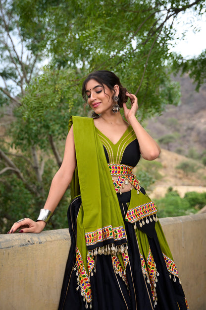 Festive Boldness Ethnic Lehenga Set in Olive Green & Onyx Black