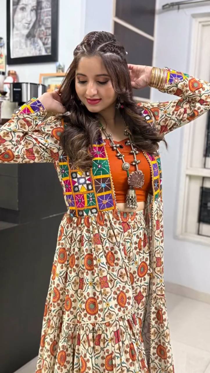 Folk Fusion Magic Mirror Patch Shrug & Printed Flared Skirt for Festive Vibes