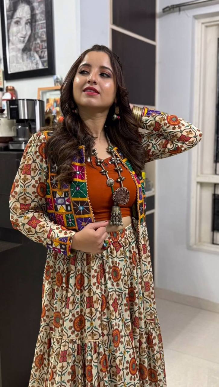 Folk Fusion Magic Mirror Patch Shrug & Printed Flared Skirt for Festive Vibes