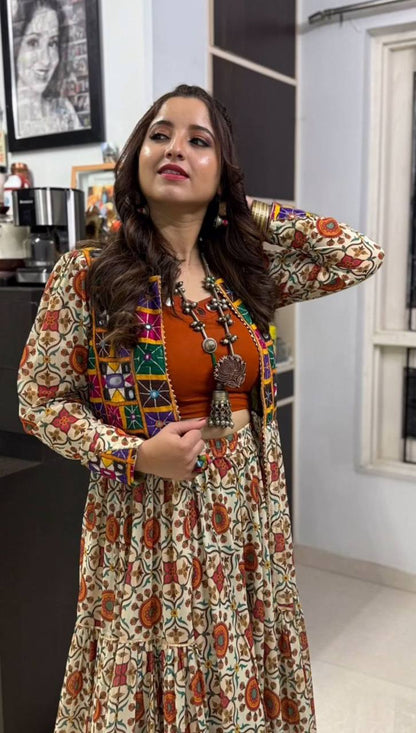 Folk Fusion Magic Mirror Patch Shrug & Printed Flared Skirt for Festive Vibes