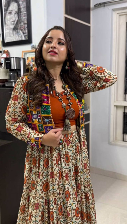 Folk Fusion Magic Mirror Patch Shrug & Printed Flared Skirt for Festive Vibes