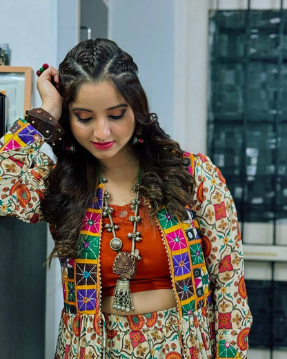 Folk Fusion Magic Mirror Patch Shrug & Printed Flared Skirt for Festive Vibes