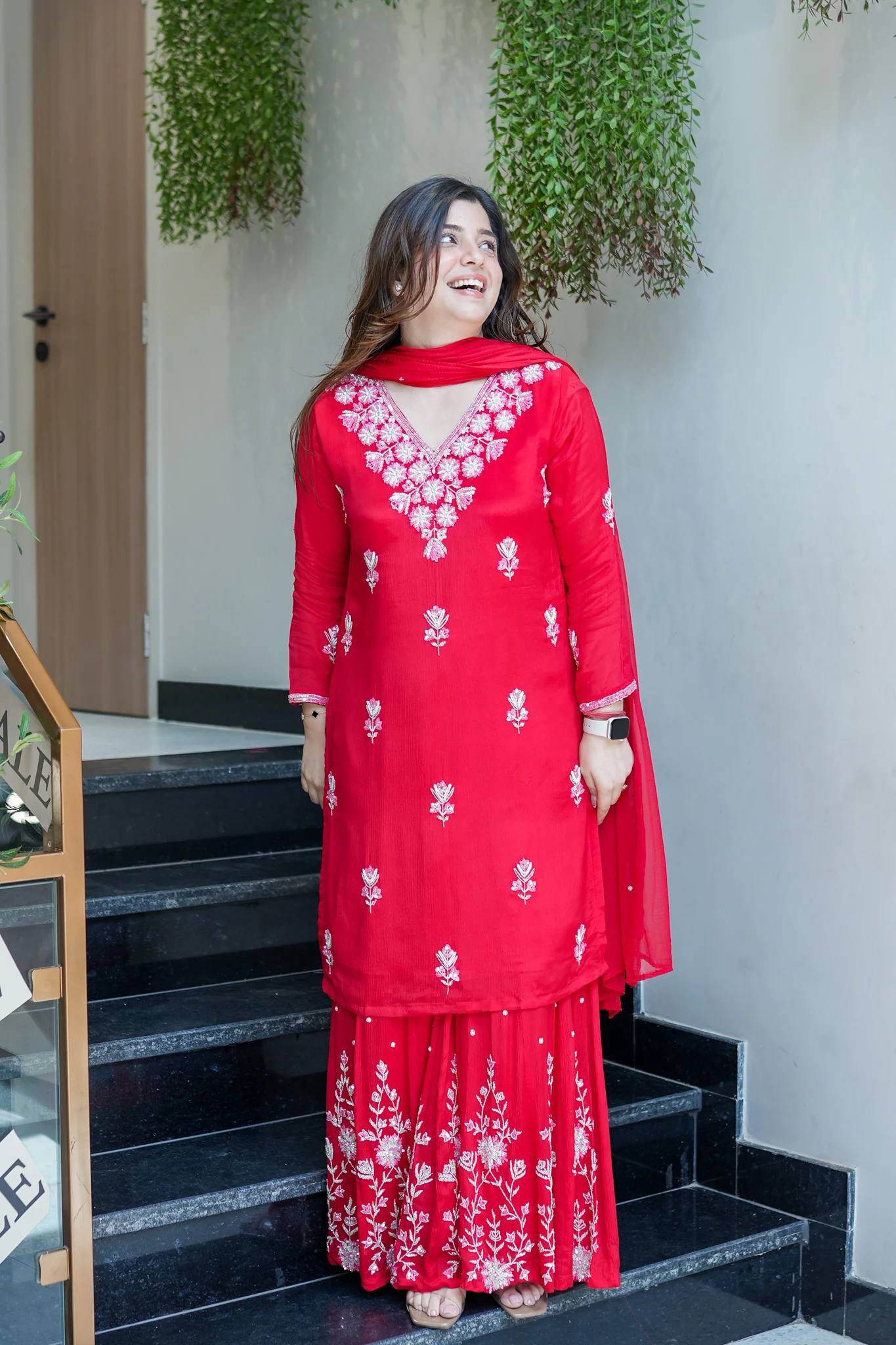 Royal Red Floral Work Sharara Set