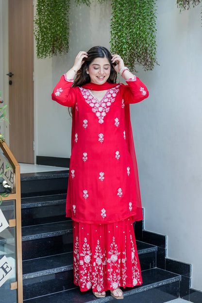 Royal Red Floral Work Sharara Set