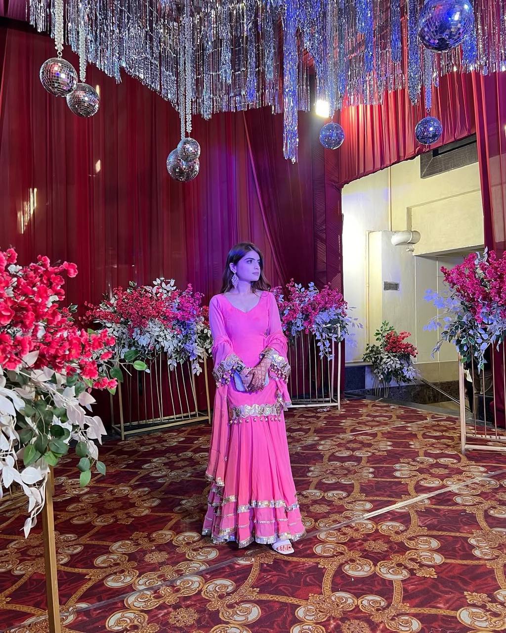 Roshani Pink Georgette Sharara Set with Gold Embellishments