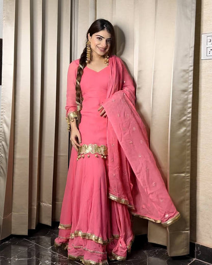Roshani Pink Georgette Sharara Set with Gold Embellishments