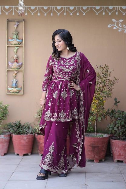 Parizah Ensemble with Intricate Zari Embroidery & Graceful Sharara
