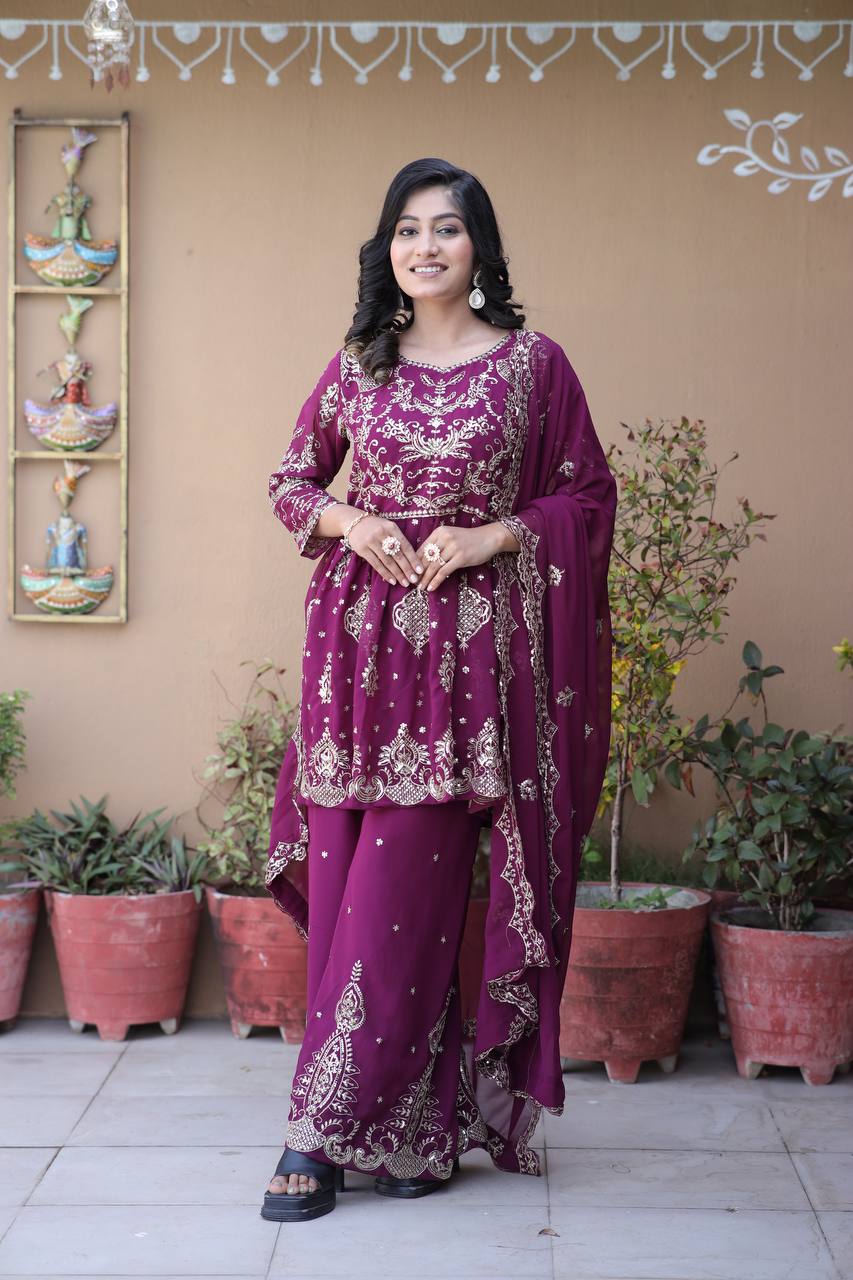 Parizah Ensemble with Intricate Zari Embroidery & Graceful Sharara