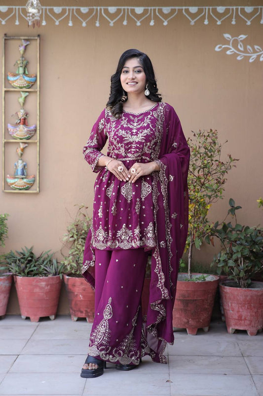 Parizah Ensemble with Intricate Zari Embroidery & Graceful Sharara