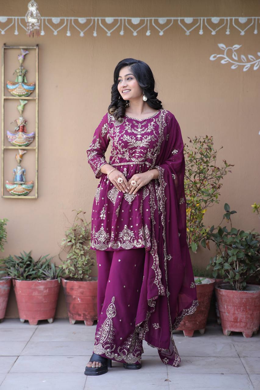 Parizah Ensemble with Intricate Zari Embroidery & Graceful Sharara