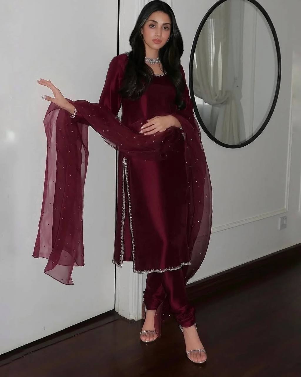Aleeza Deep Maroon embellished border Suit
