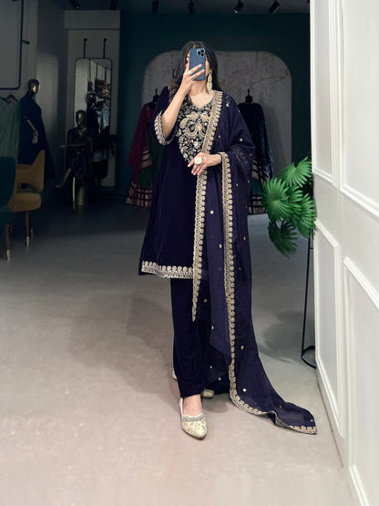 Shahi Luxurious Deep Blue Zari Embroidery Velvet Suit Set