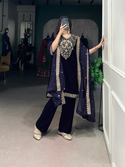 Shahi Luxurious Deep Blue Zari Embroidery Velvet Suit Set