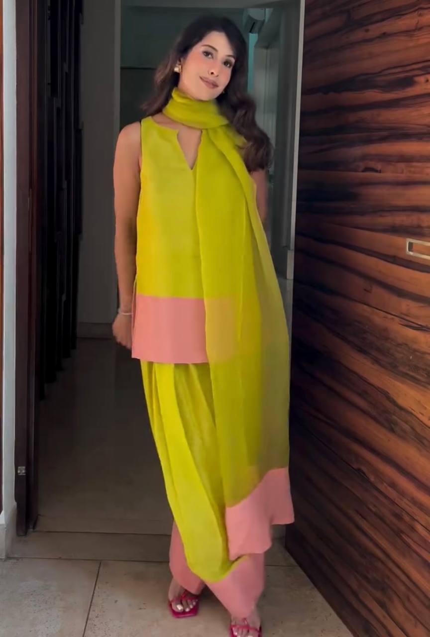 Lime Sunshine Natural Crap Silk Top & Farshi Palazzo With Dupatta set