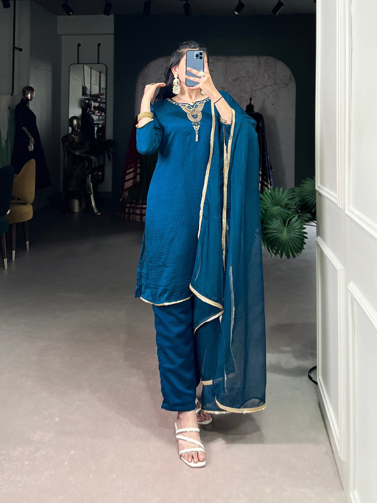 Noor-e-Teal Radiance Vichitra Silk Golden Borders Suit