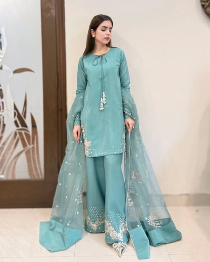 Aqua Dusk  Natural Crep Silk New Designer Suit