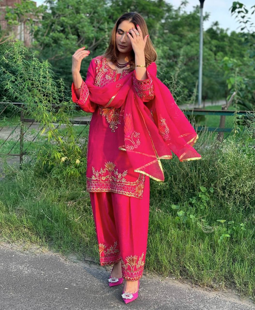 Blush of the Royals Radiant Pink Gota Work Suit Set