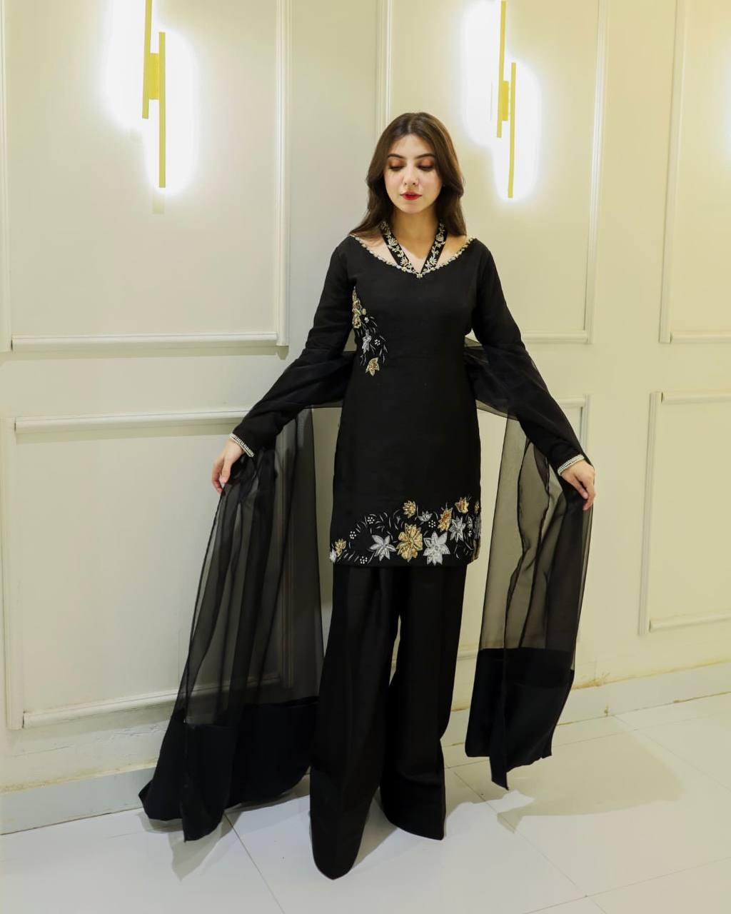 Luxurious Black Outfit with Hand Embroidered Blossoms Suit Set