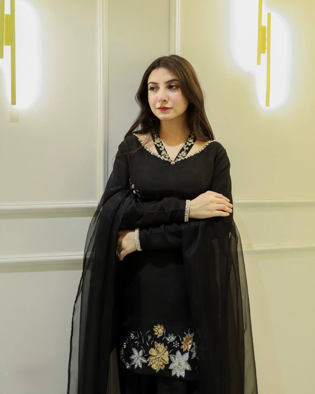 Luxurious Black Outfit with Hand Embroidered Blossoms Suit Set