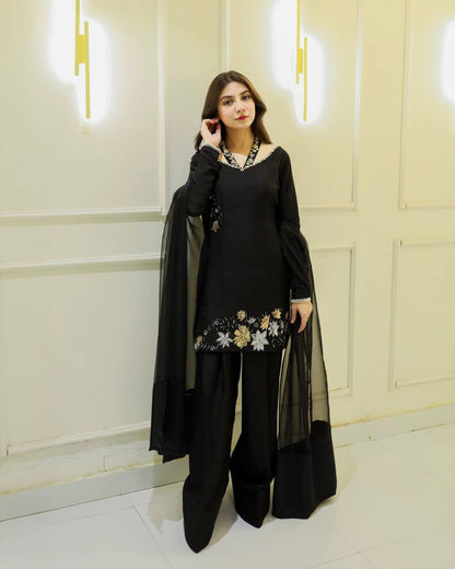 Luxurious Black Outfit with Hand Embroidered Blossoms Suit Set