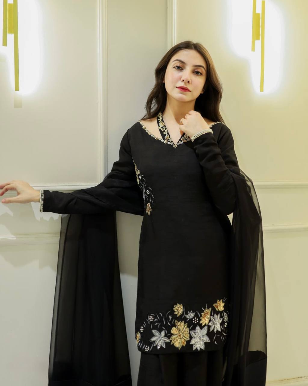 Luxurious Black Outfit with Hand Embroidered Blossoms Suit Set