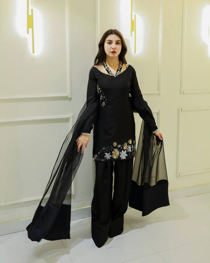 Luxurious Black Outfit with Hand Embroidered Blossoms Suit Set