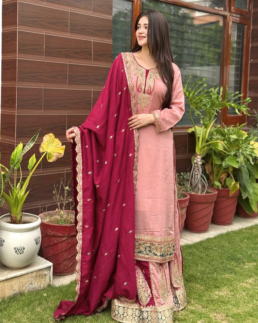 Majestic Rosé Ensemble Heavily Embroidered Traditional Gharara Suit