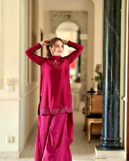Gulzaar Vibes Deep Pink Natural Crep Silk Farshi Pent Suit Set