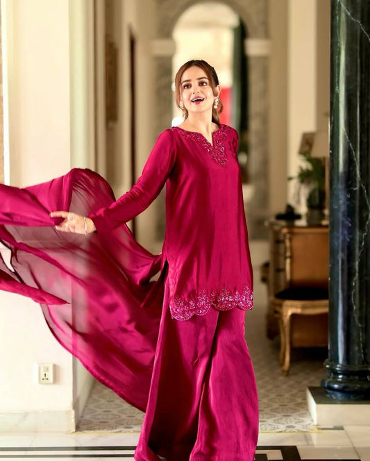 Gulzaar Vibes Deep Pink Natural Crep Silk Farshi Pent Suit Set
