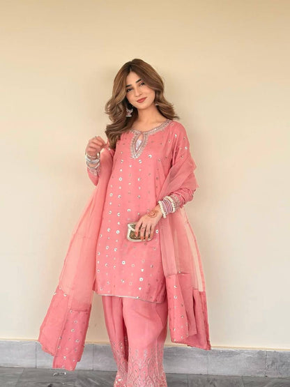Aaria Blush Pink  Chinnon Silk And Multi Needle Farshi salwar