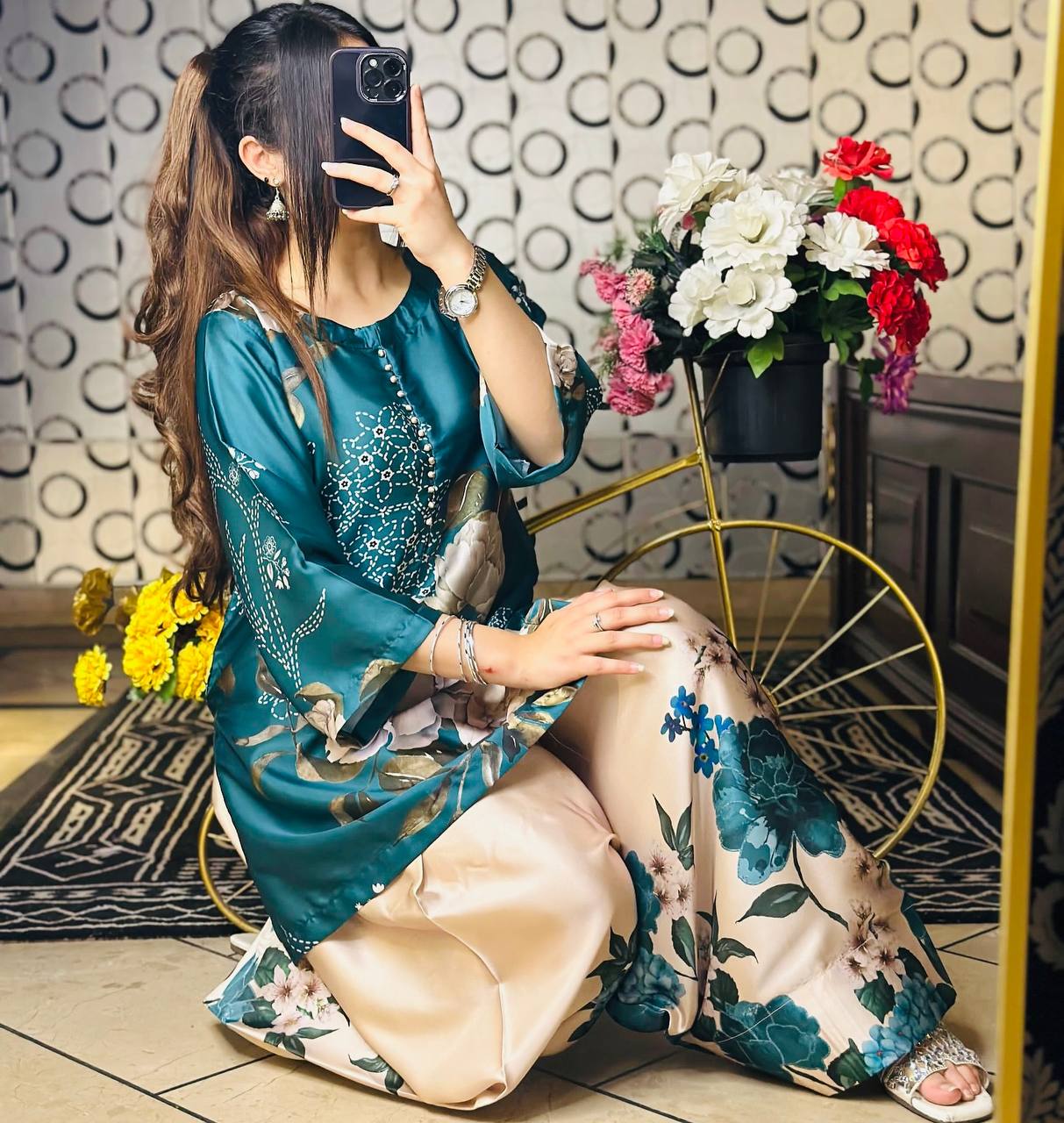 Teal Bloom Luxe Floral Top Farshi Pent Set