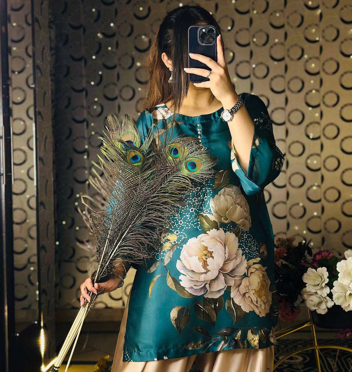 Teal Bloom Luxe Floral Top Farshi Pent Set