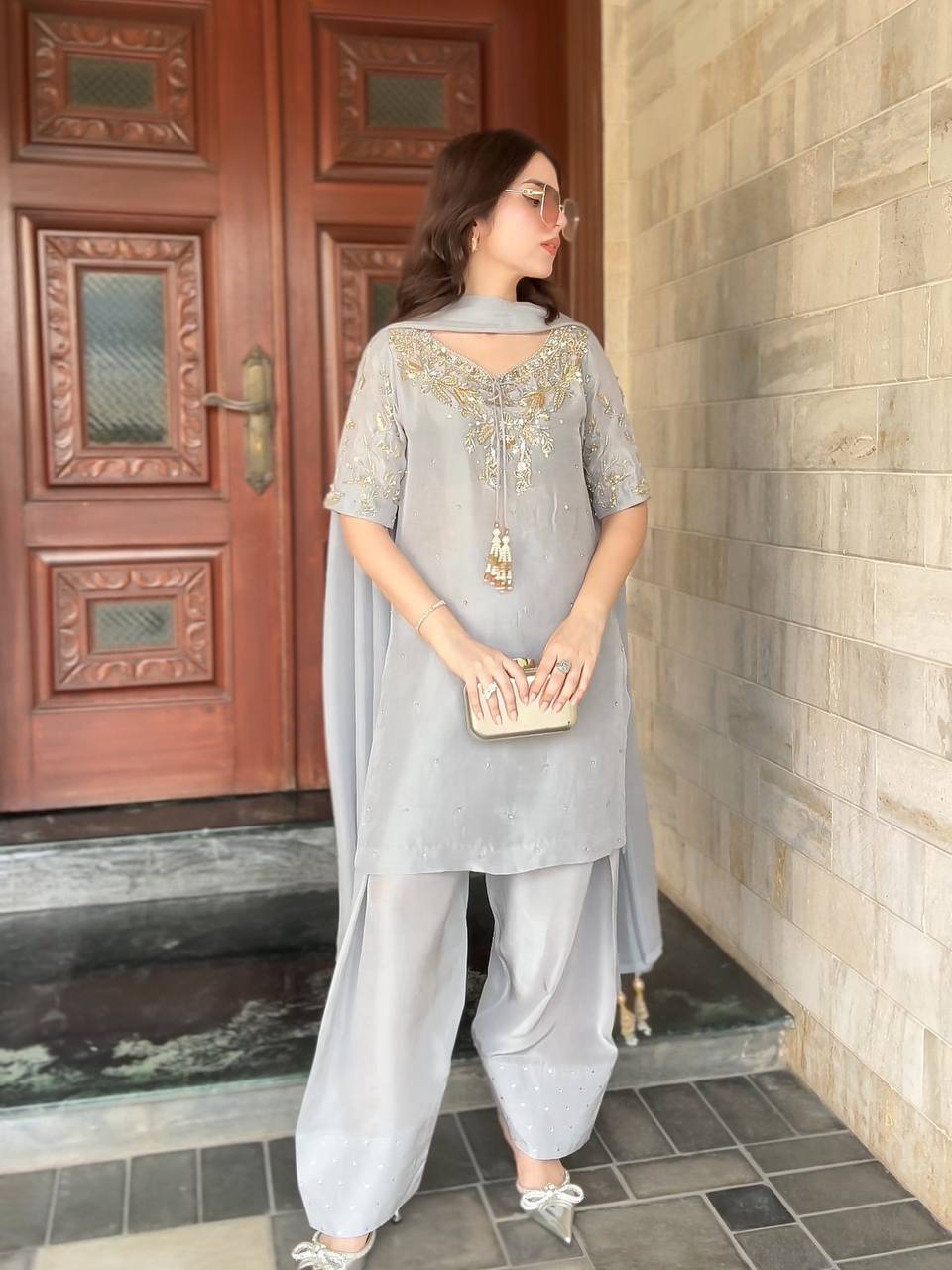 Pearl Mist Natural Crepe Designer Farshi Palazzo Set
