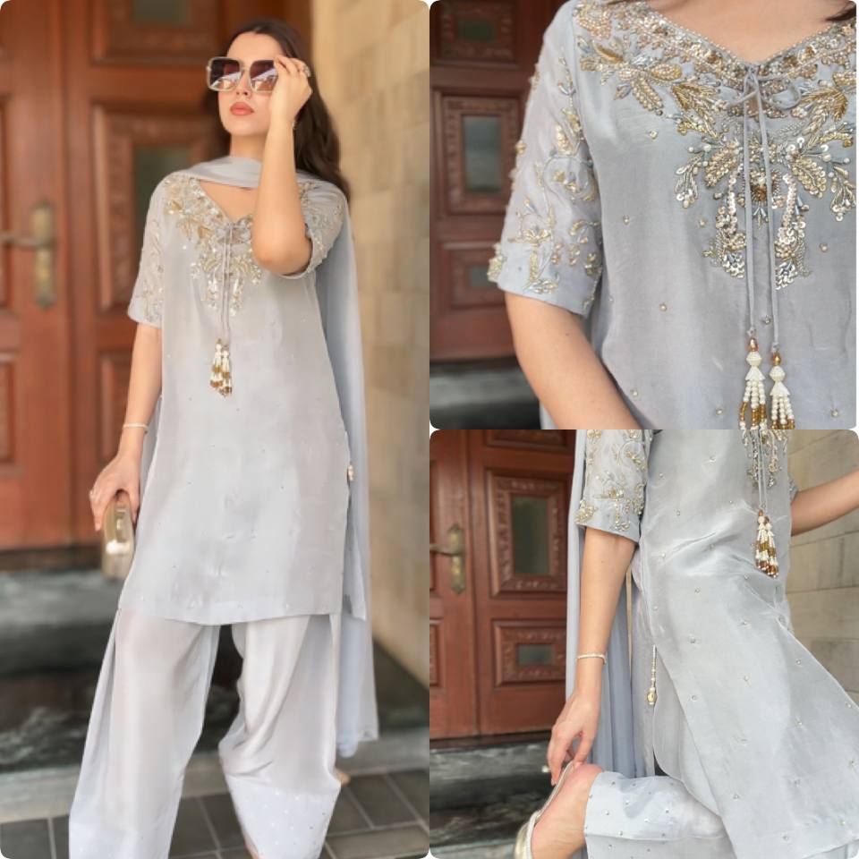 Pearl Mist Natural Crepe Designer Farshi Palazzo Set