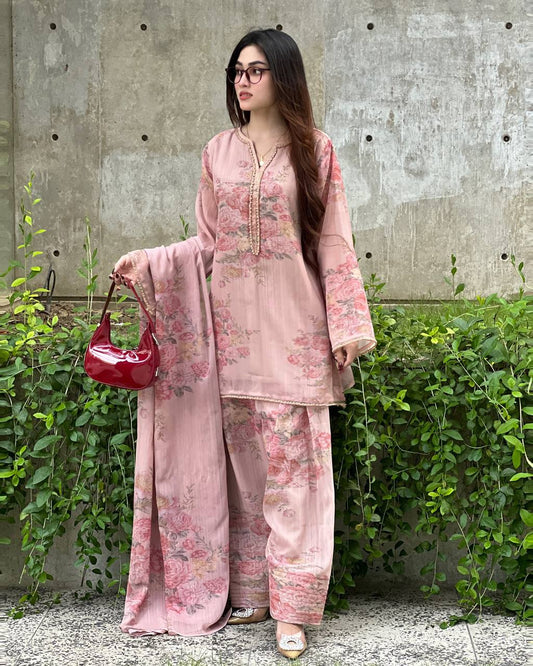 Blush Bloom Soft Muslin with Digital Rose Print Farshi Set