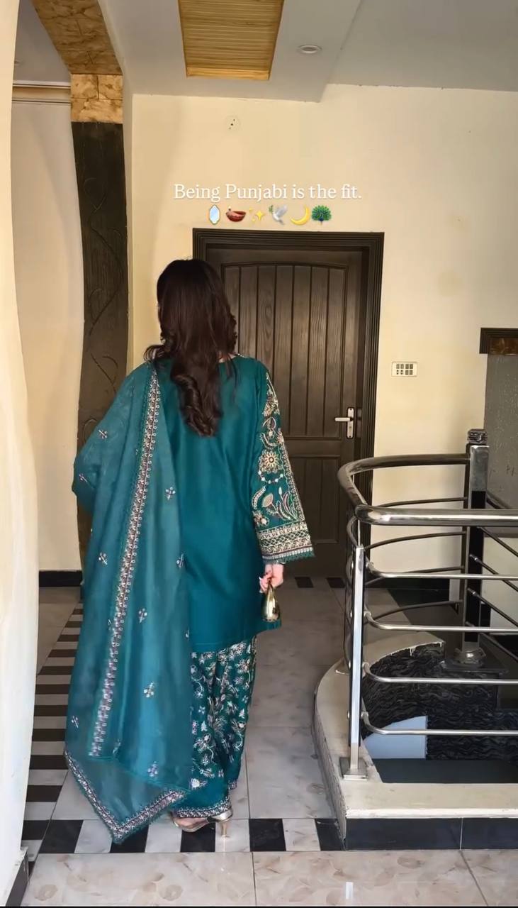 Simran Teal Punjabi Elegant Hand Embroidery Dhoti Set