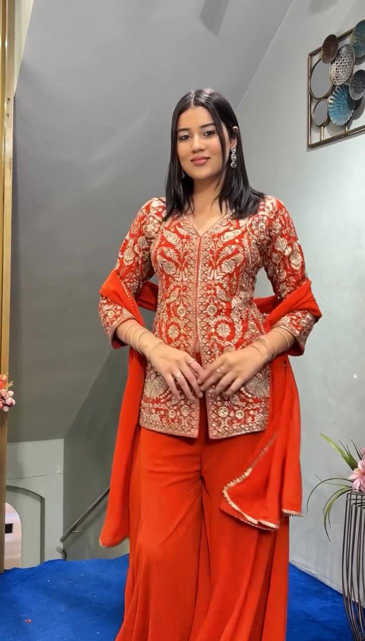 Elina Heavy Faux Georgette Top Plazzo & Dupatta Set