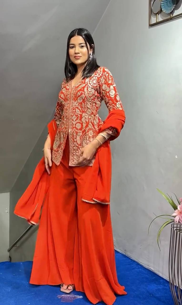 Elina Heavy Faux Georgette Top Plazzo & Dupatta Set