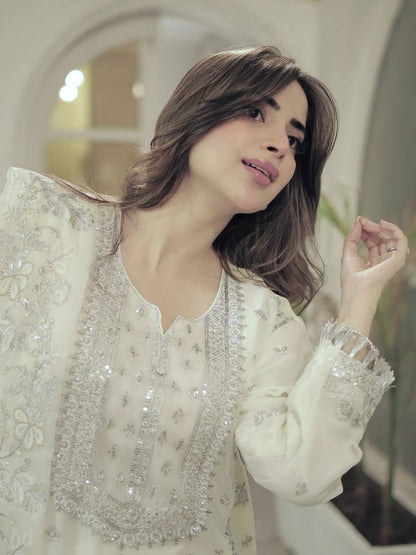 Aira White Real Hand Stone Work suit